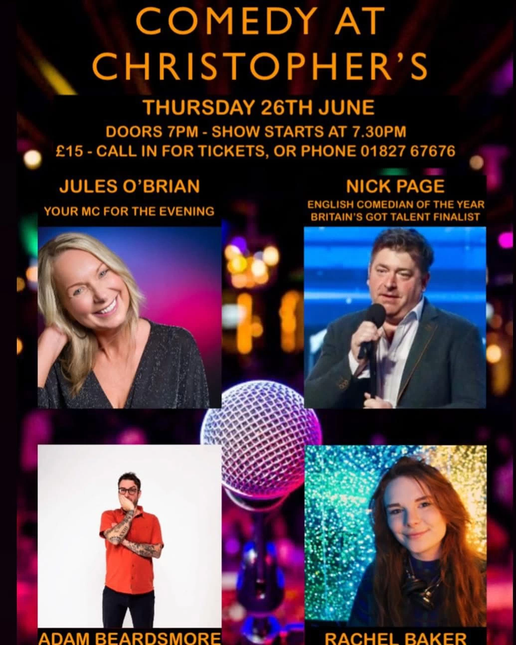 Comedy at Christopher's flyer for 26 June 2025 at 19.30 with Jules O'Brian, Nick Page, Rachel Baker, and Adam Beardsmore.