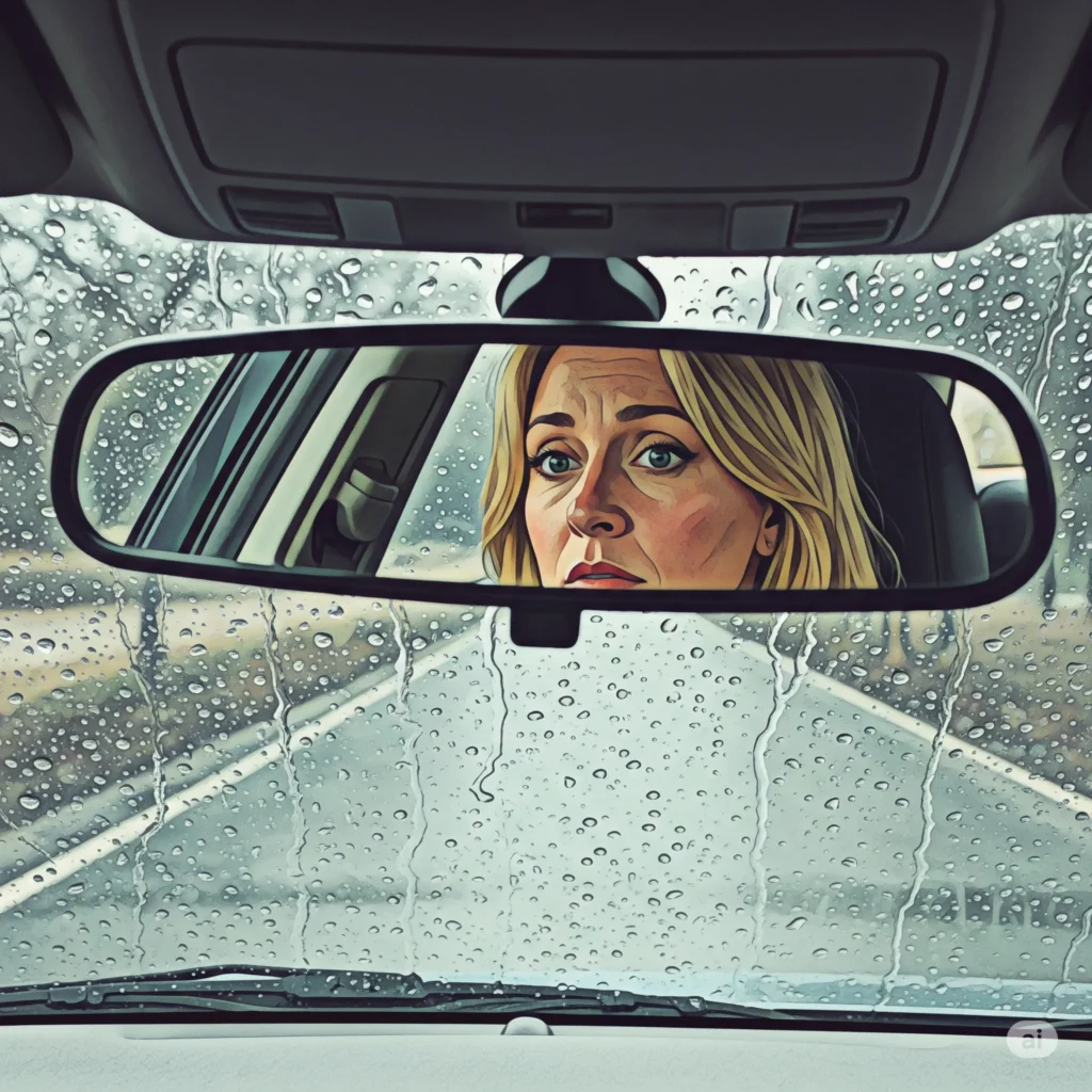 Anxiety behind the wheel: a cartoon-style image showing a reflection of a driver with anxiety etched into her face as she contemplates, “Am I too old for this shit?”